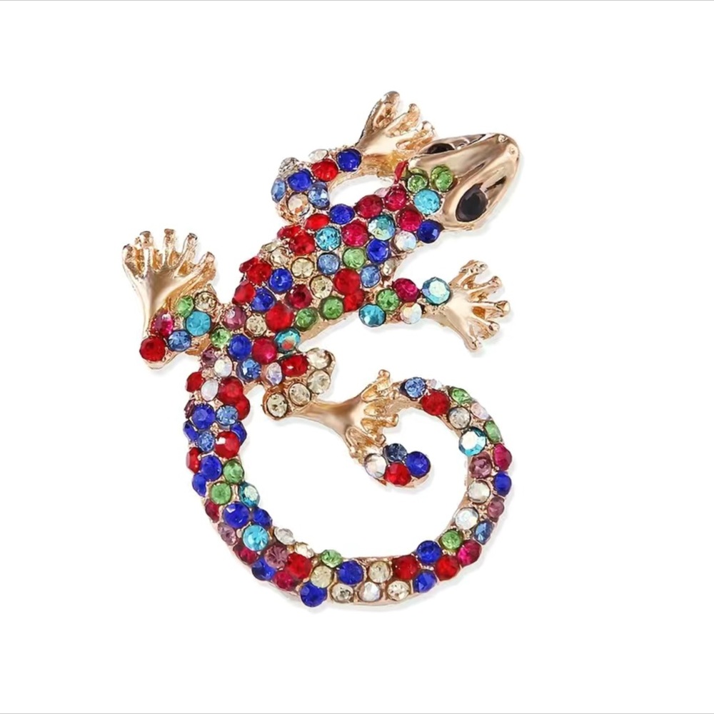 Mix color sapphires gold plated Lizard Chameleon Brooch pin